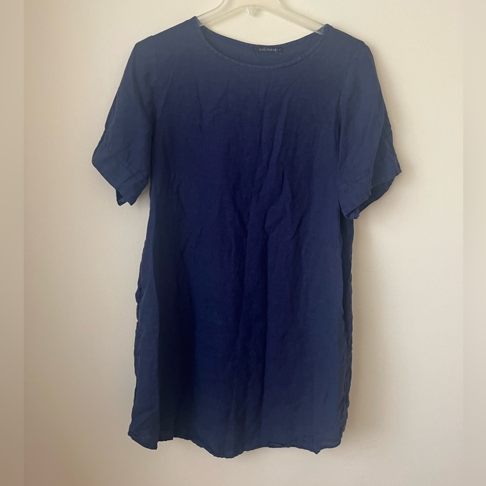 Cut loose linen above knee dress short sleeve navy blue large
